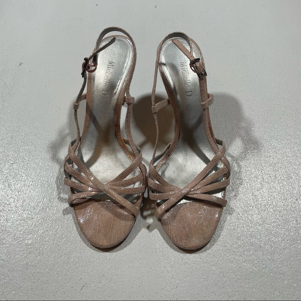 Michelle D Pink Metallic Glitter Heels Strappy Prom Wedding Homecoming 7.5